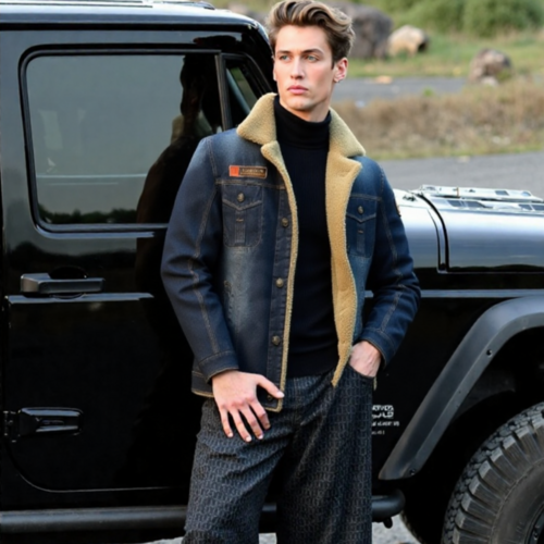 Herren-Jeansjacke in Schwarz mit Kunstfellfutter