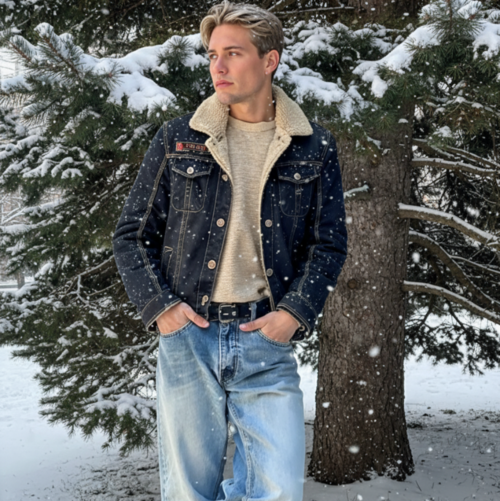 Herren-Jeansjacke in Schwarz mit Kunstfellfutter